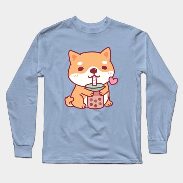 Cute Shiba Inu Dog Loves Bubble Tea Long Sleeve T-Shirt by rustydoodle